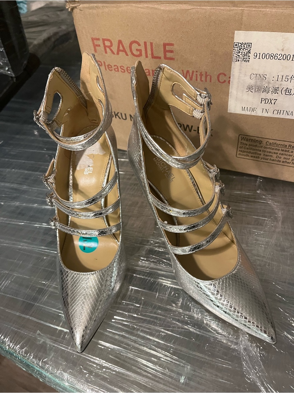 Michael Kors Silver Textured Strappy Pointed Heels
